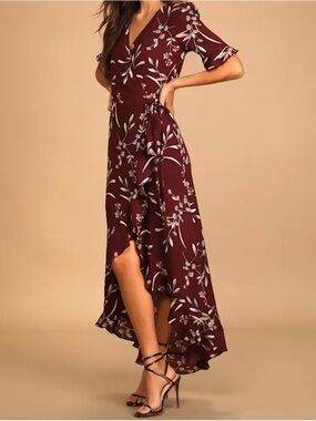 Lulu's Burgundy Floral High-Low Wrap Dress